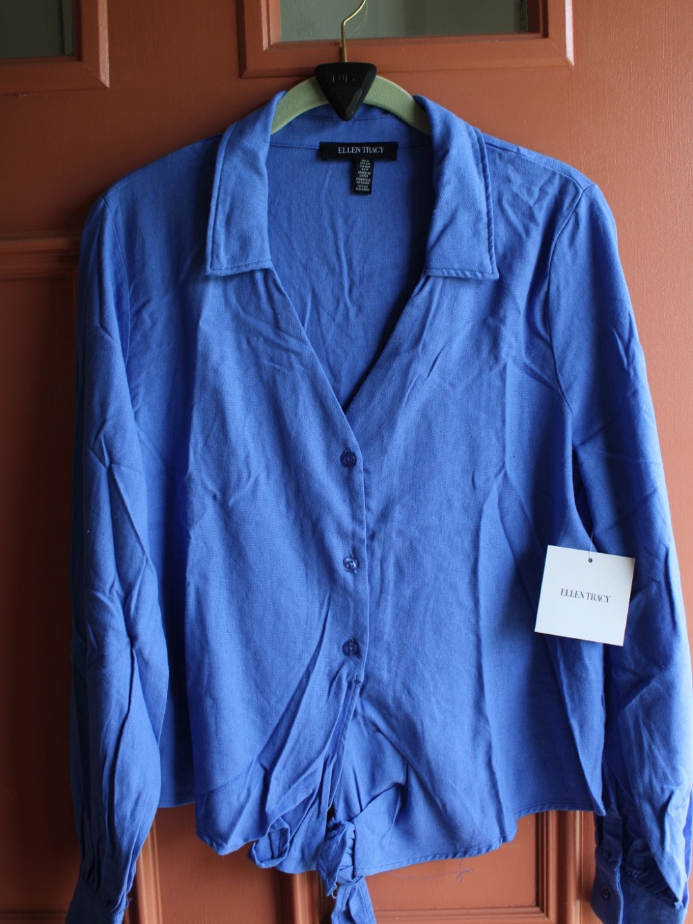 Ellen Tracy Periwinkle Button-Front Tie Hem Shirt